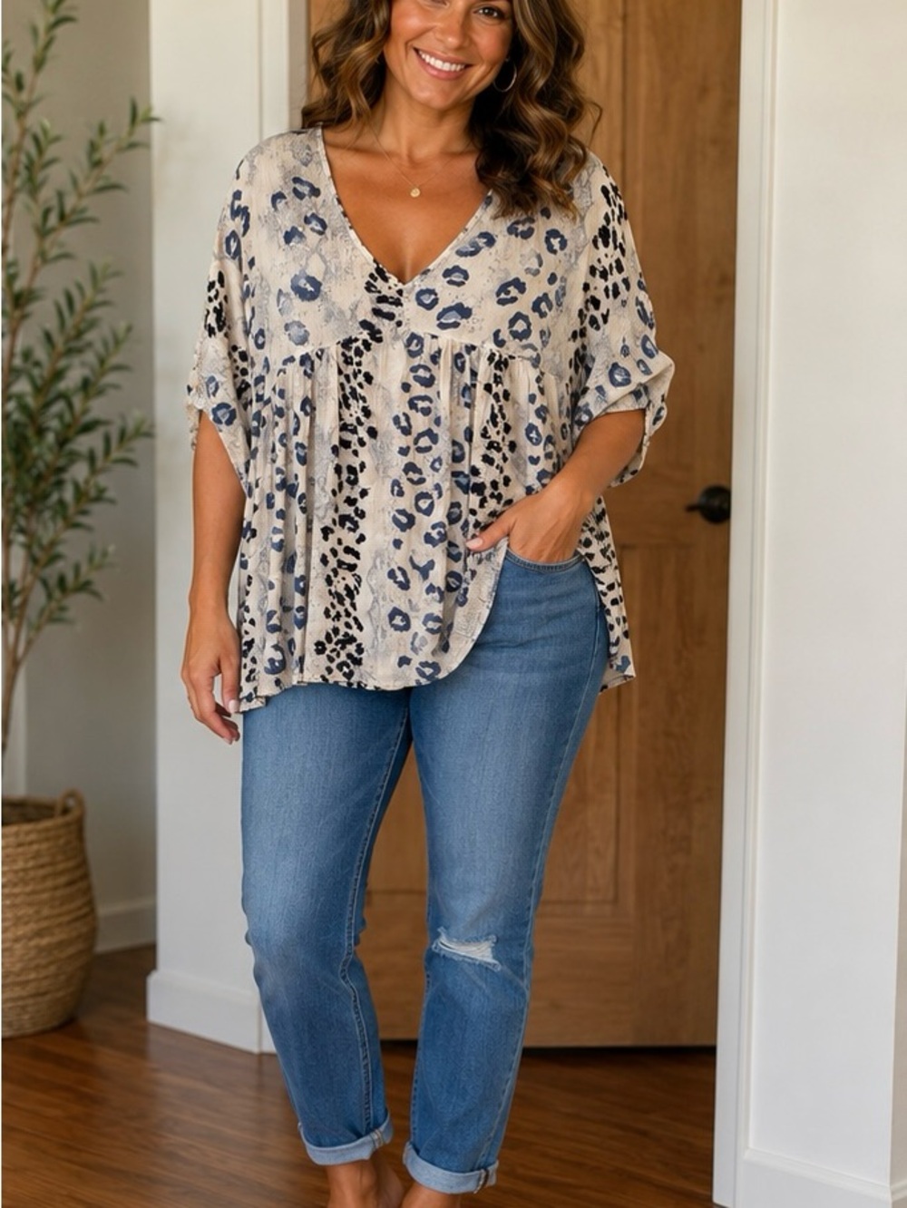 1.4.3. Story by Line Up Beige and Blue Leopard Print V-Neck Tunic